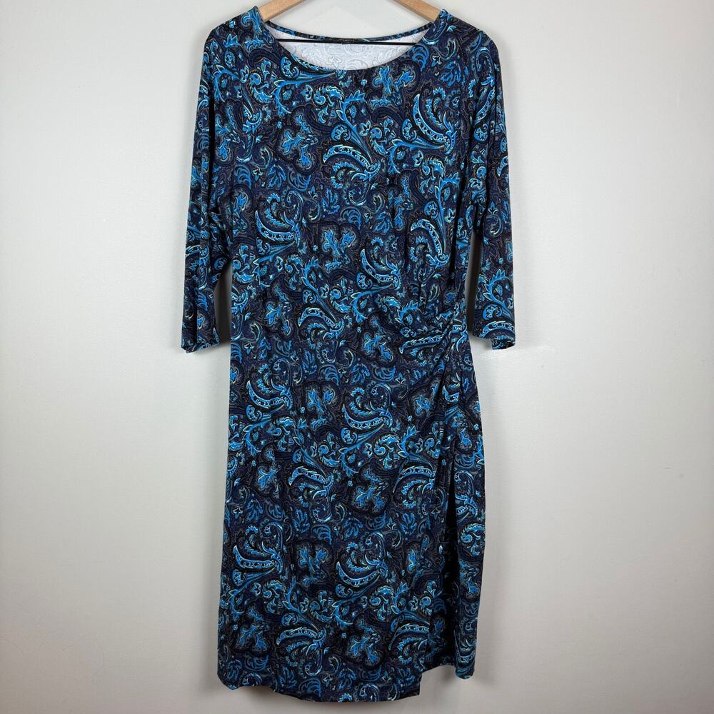 Talbots Sheath Dress Women's XLP Blue Multi Paisley Print Ruched Wiggle‎ Career